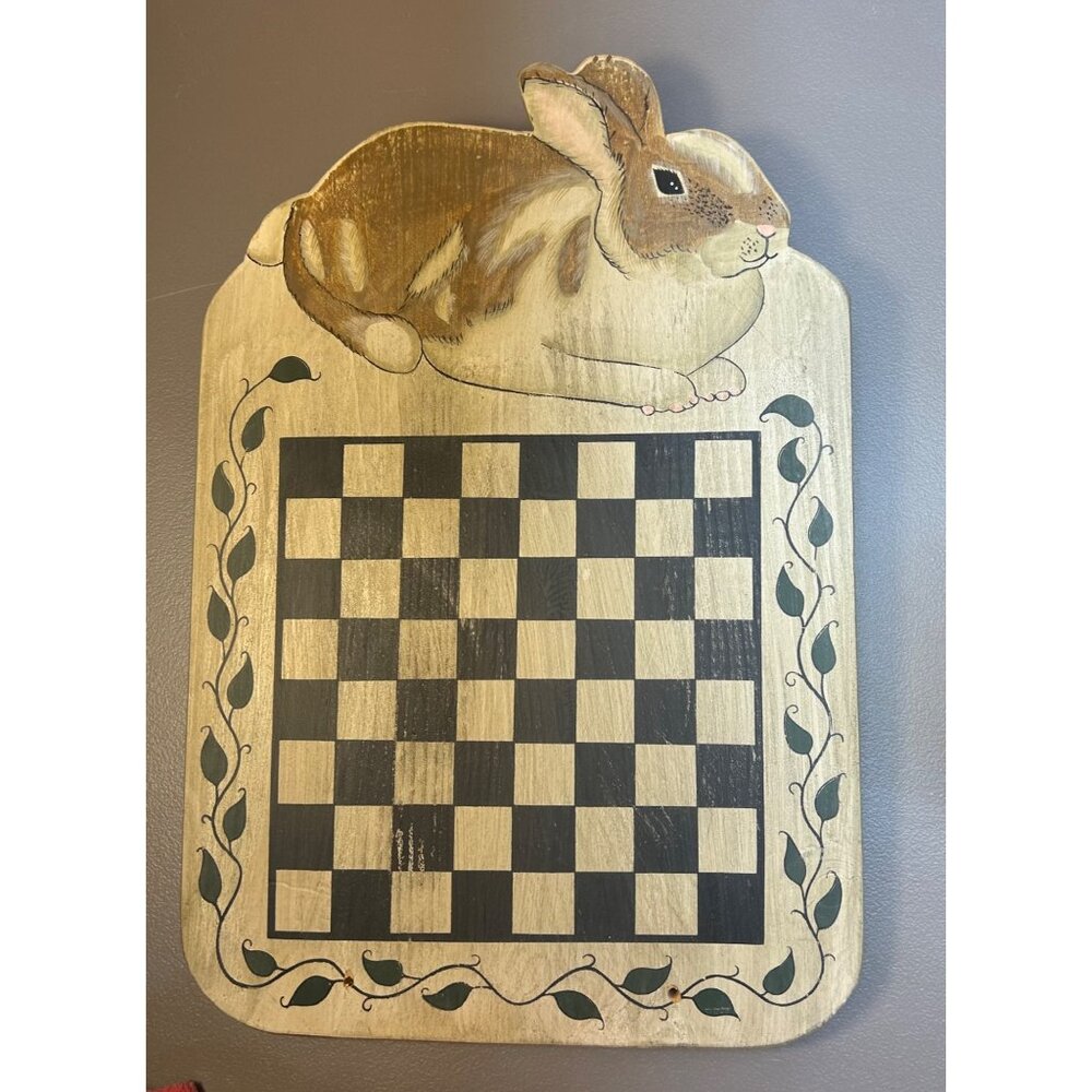 Handcrafted Wood Checkerboard with 2 Pegs Judy Phipps Easter Rabbit Wall Hanging - Picture 11 of 11